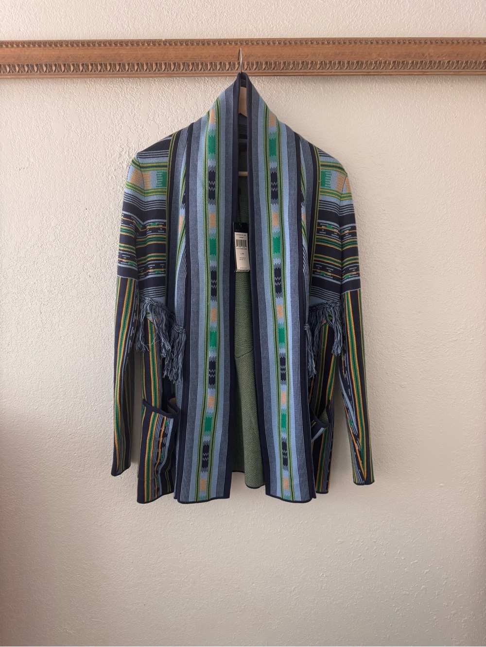 BCBG Multicolor Striped Fringe Cardigan in Blue, Green & Yellow